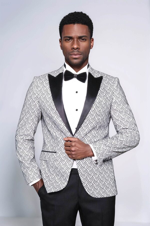 Shiny Patterned White Men Prom Blazer - Wessi