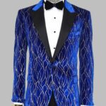 Silver Patterned Blue Men Performers Tuxedo Jackets - Wessi
