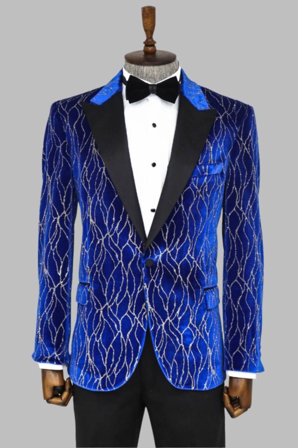 Silver Patterned Blue Men Performers Tuxedo Jackets - Wessi