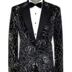 Silver Rose Patterned Over Green Velvet Men Dazzle Jackets - Wessi