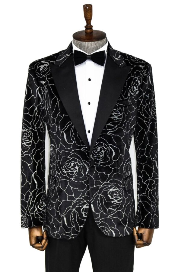 Silver Rose Patterned Over Green Velvet Men Dazzle Jackets - Wessi