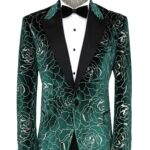 Silver Rose Patterned Over Green Velvet Men Dazzle Jackets - Wessi