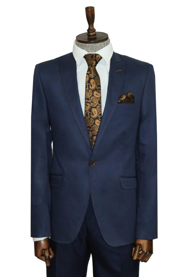 Single Button Cotton Mono Lapel Dark Blue Jacket-Wessi