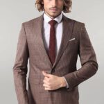 Single Button Plaid Brown Blazer - Wessi