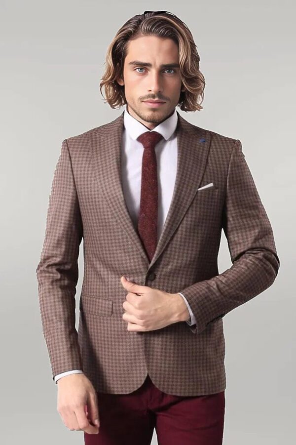 Single Button Plaid Brown Blazer - Wessi