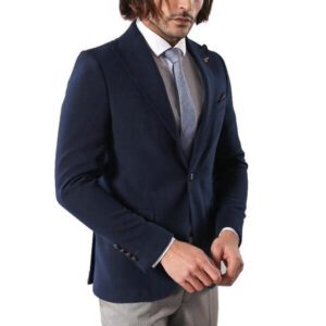 Single Button Pointed Collar Navy Blue Blazer - Wessi