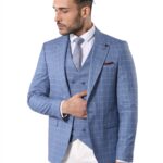 Single Button Pointed Collar Plaid Suit Vest Light Blue Suit-Wessi
