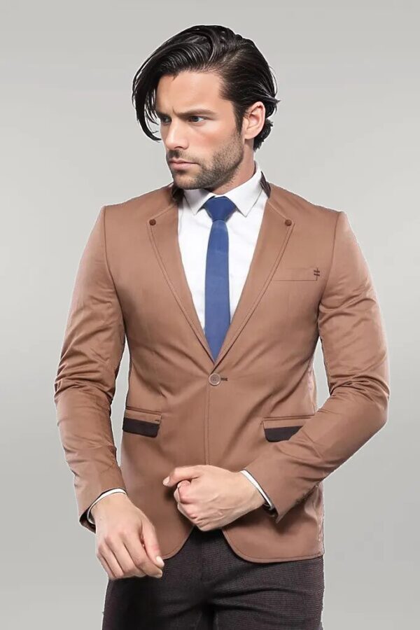 Single Button Standing Collar Beige Men Blazer - Wessi