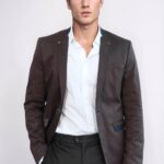 Single Button Standing Collar Brown Men Blazer - Wessi