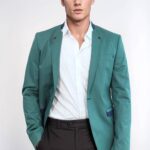 Single Button Standing Collar Green Men Blazer - Wessi