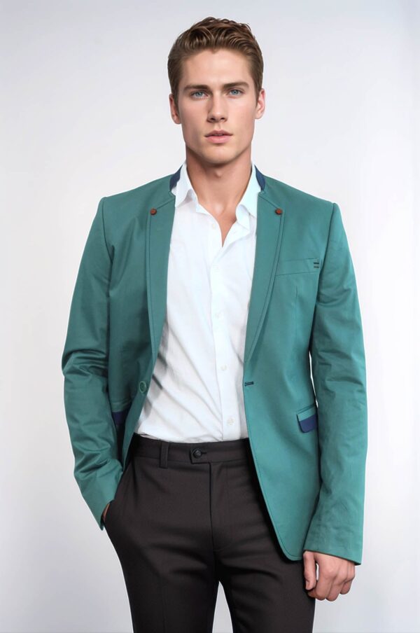 Single Button Standing Collar Green Men Blazer - Wessi