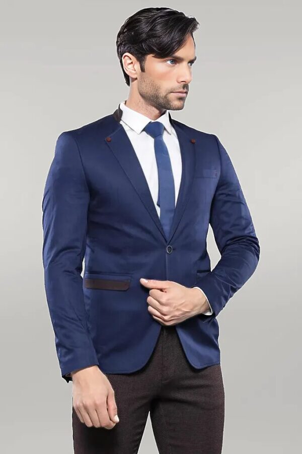 Single Button Standing Collar Navy Blue Men Blazer - Wessi