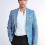 Single Button Wide Pointed Collar Blue Blazer - Wessi