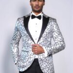 Slim Fit Black Patterned Grey Men Stage Performance Jacket - Wessi