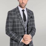 Slim Fit Checked Black Men Suit - Wessi