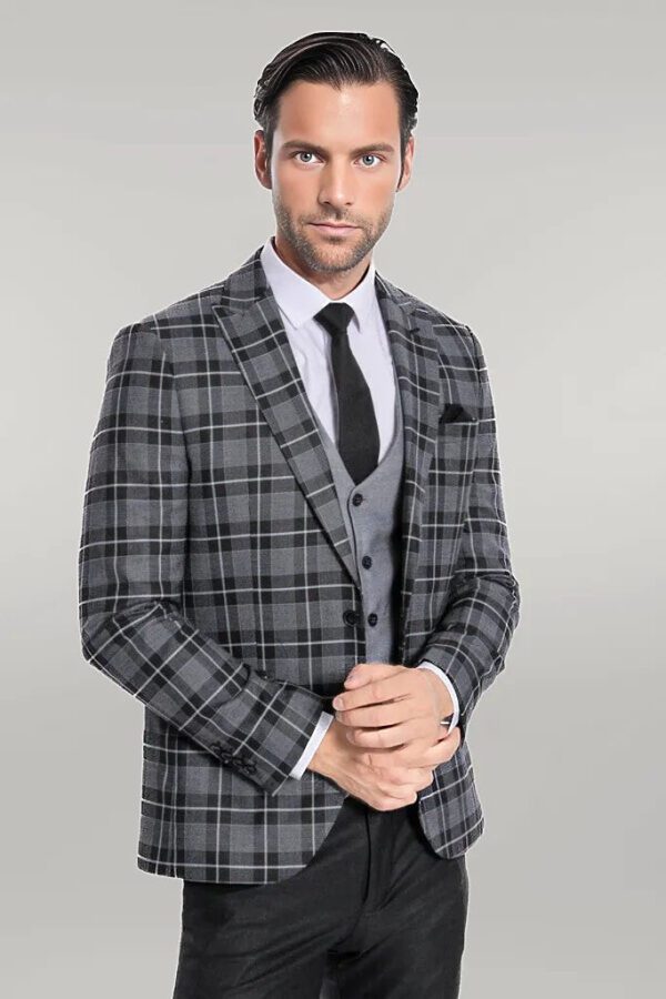 Slim Fit Checked Black Men Suit - Wessi