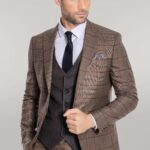 Slim Fit Checked Brown Men Suit - Wessi
