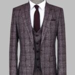 Slim Fit Checked Burgundy Men Suit - Wessi
