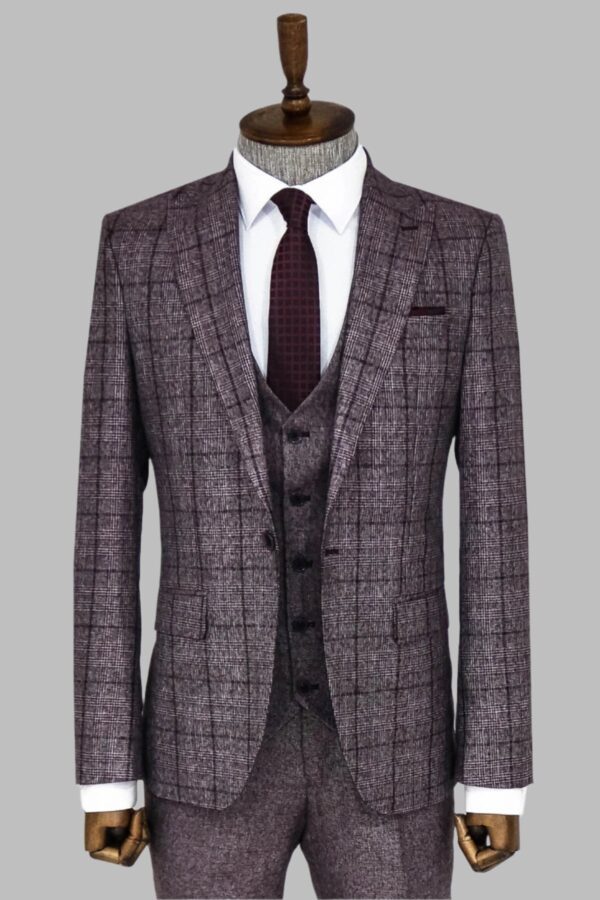 Slim Fit Checked Burgundy Men Suit - Wessi