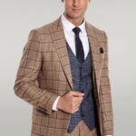 Slim Fit Checked Patterned Brown Men Suit - Wessi