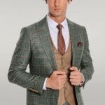 Slim Fit Checked Patterned Green Men Suit - Wessi