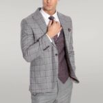 Slim Fit Checked Patterned Grey Men Suit - Wessi