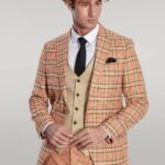 Slim Fit Patterned Checked Orange Men Suit - Wessi