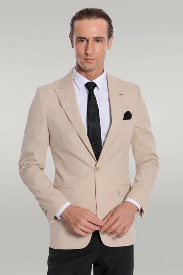 Slim-Fit Peak Lapel Beige Jacket - Wessi