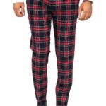 Slim Fit Plaid Men Navy Blue Pants - Wessi