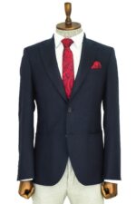 Slim Fit Plain Wide Lapel Navy Blue Men Wool Blazer