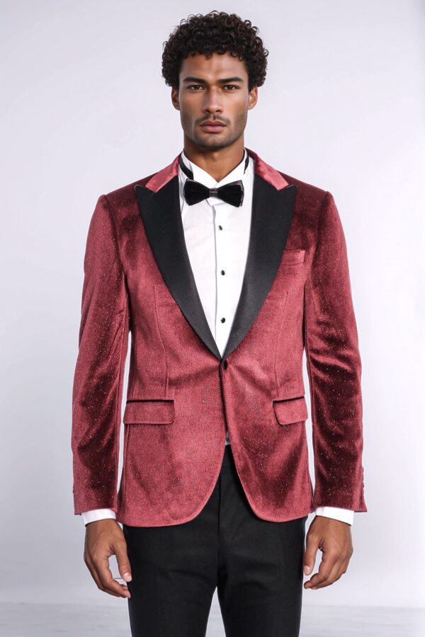 Slim Fit Velvet Burgundy Men Sparkle Tuxedo Jacket - Wessi