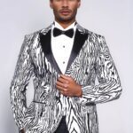 Slim Fit Zebra Patterned White Men Party Blazer - Wessi
