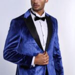 Sparkle Slim Fit Velvet Bast Blue Men Dinner Tuxedo Jacket - Wessi
