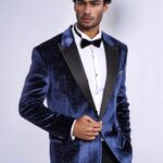Sparkle Slim Fit Velvet Navy Blue Men Wedding Tuxedo Blazer - Wessi