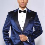 Sparkling Dotted Peak Lapel Men's Navy Blue Tuxedo Jacket - Wessi