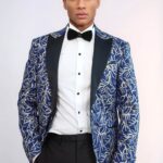 Sparkling Ivy Patterned Slim Fit Blue Men Evening Tuxedo Jacket - Wessi