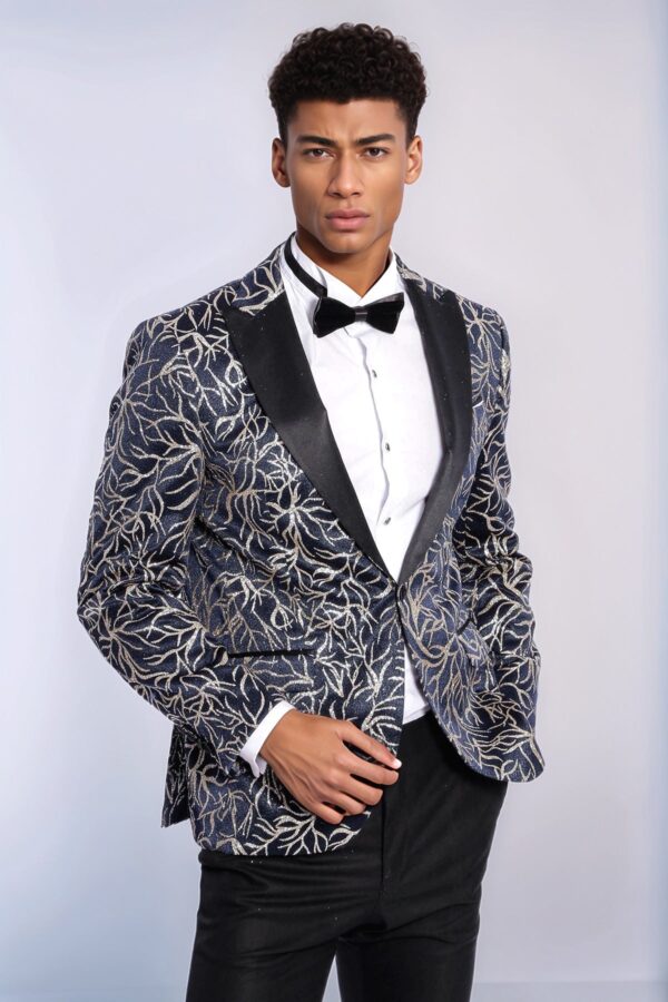 Sparkling Ivy Patterned Slim Fit Navy Blue Men Tuxedo Jacket - Wessi
