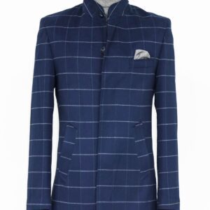 Standing Collar Plaid Blue Men Coat - Wessi