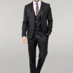 Striped Black Slim-Fit Vested Men's Suit - Wessi