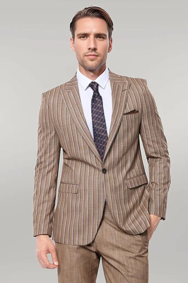 Striped Blazer Plain Pants Light Brown Men Suit - Wessi