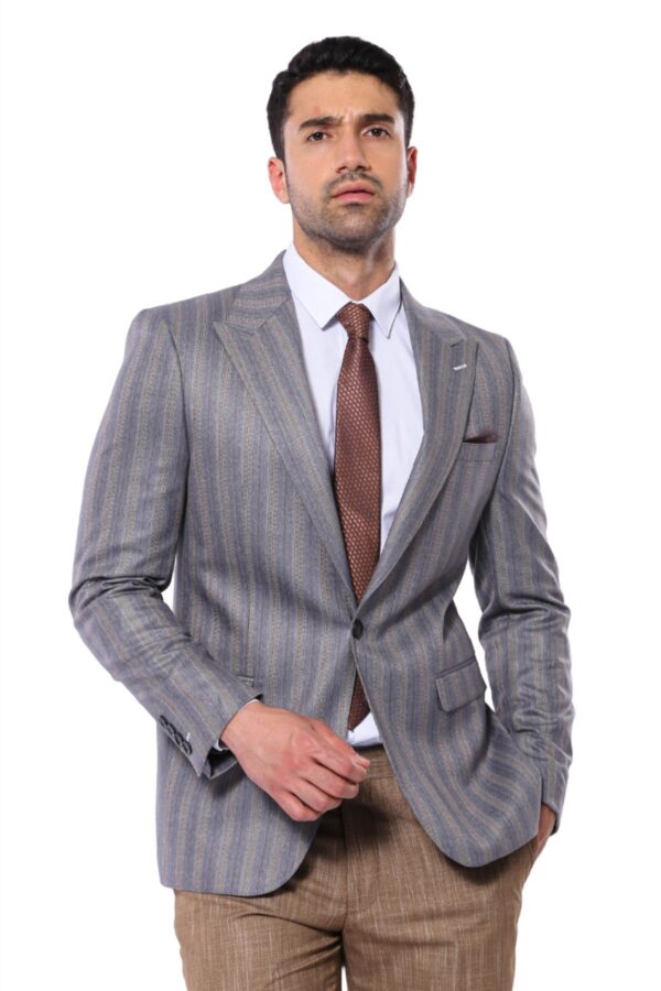 Striped Slim Fit Men Grey Blazer - Wessi