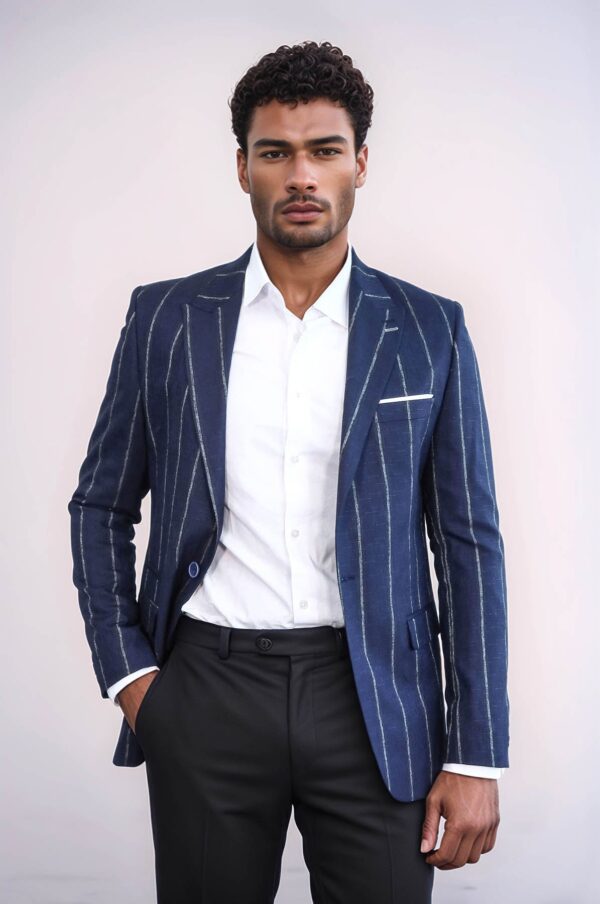 Striped Slim-Fit Navy Blue Men Blazer - Wessi