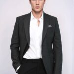 Textured Slim Fit Peak Lapel Anthracite Men Blazer - Wessi