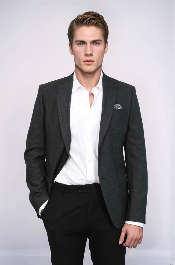 Textured Slim Fit Peak Lapel Anthracite Men Blazer - Wessi