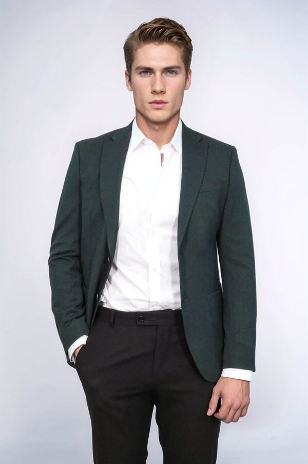 Textured Slim Fit Peak Lapel Green Men Blazer - Wessi