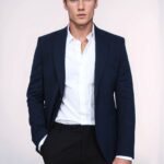 Textured Slim Fit Peak Lapel Navy Blue Men Blazer - Wessi