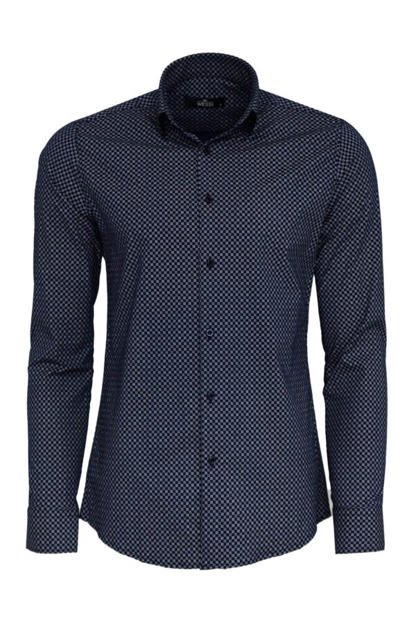 Tiny Check Patterned Slim Fit Blue Men Shirt - Wessi