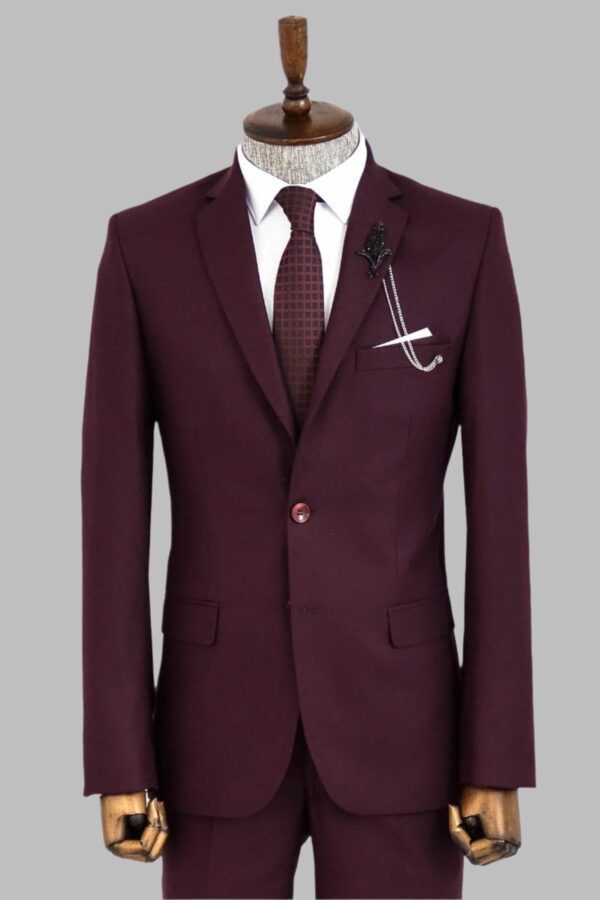 Two Buttons Two Piece Burgundy Men Suit - Wessi