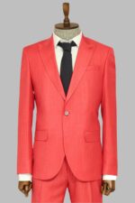 Two Piece Slim Fit Single Button Coral Red Men Suit