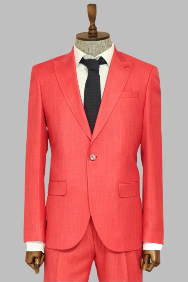Two Piece Slim Fit Single Button Coral Red Men Suit - Wessi